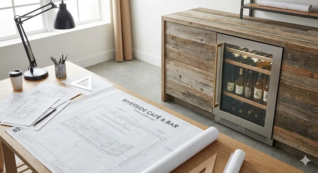 카페 도면과 함께 배치된 빌트인 맞춤 제작 음료수냉장고 콘셉트.