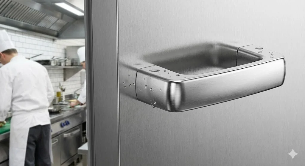 고급 스테인리스 스틸 소재의 냉장고 손잡이와 견고한 마감 처리.