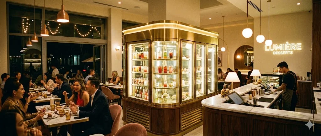 성공적인 카페 운영에 기여하는 하이엔드 쇼케이스 냉장고의 전체 전경.