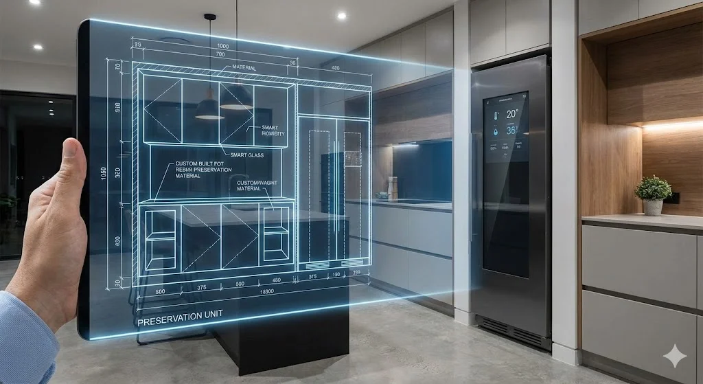 주방 공간에 맞춰 맞춤 제작된 빌트인 보존식냉장고 설치 사례 콘셉트.