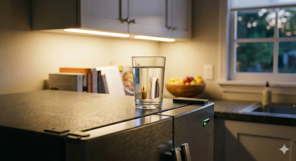 진동이 거의 없는 냉장고 위 평온한 물잔을 통한 저진동 기술 시각화.