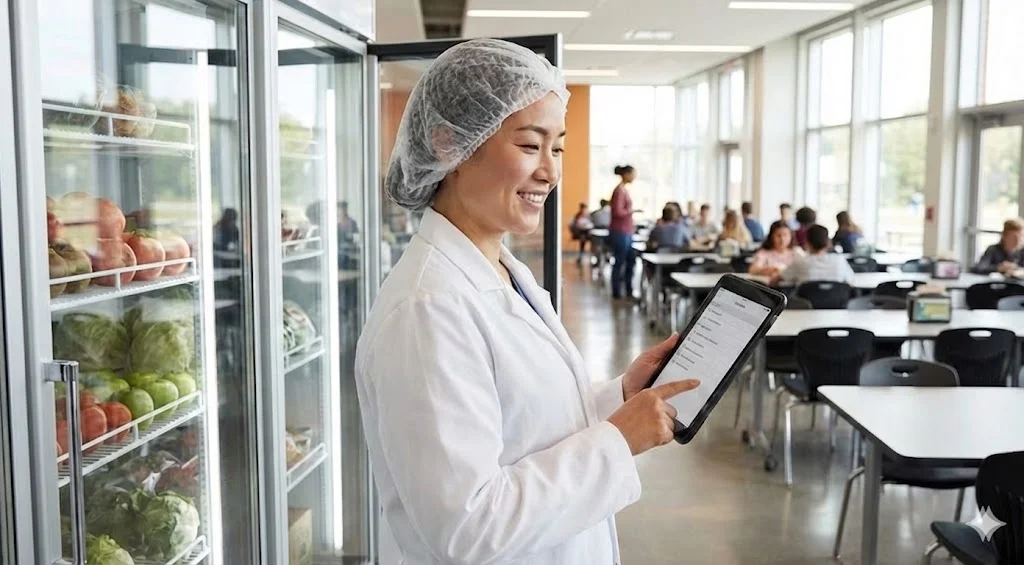 스마트 기기로 냉장고 상태를 확인하는 신뢰감 있는 운영자의 모습.