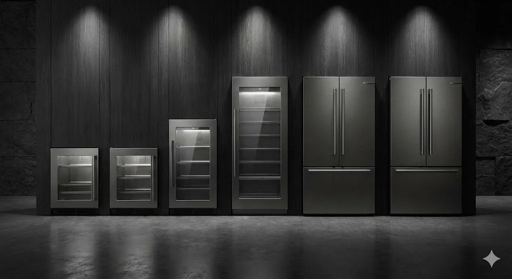 쇼룸에 전시된 세련된 디자인의 다양한 보존식냉장고 모델들.