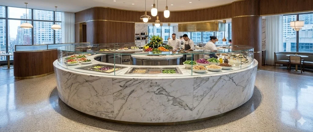 대리석 인테리어와 조화를 이루는 맞춤형 샐러드바냉장고.