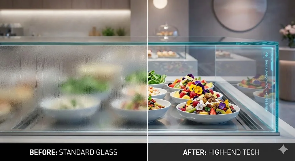 일반 유리와 결로 방지 기술이 적용된 특수 유리의 비교.