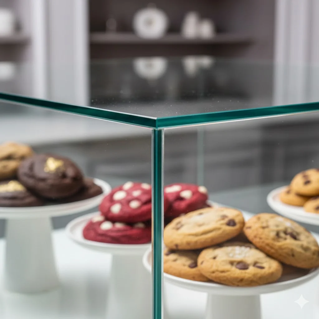 유리 접합부에 프레임이 없는 깔끔한 쇼케이스 디테일 컷.