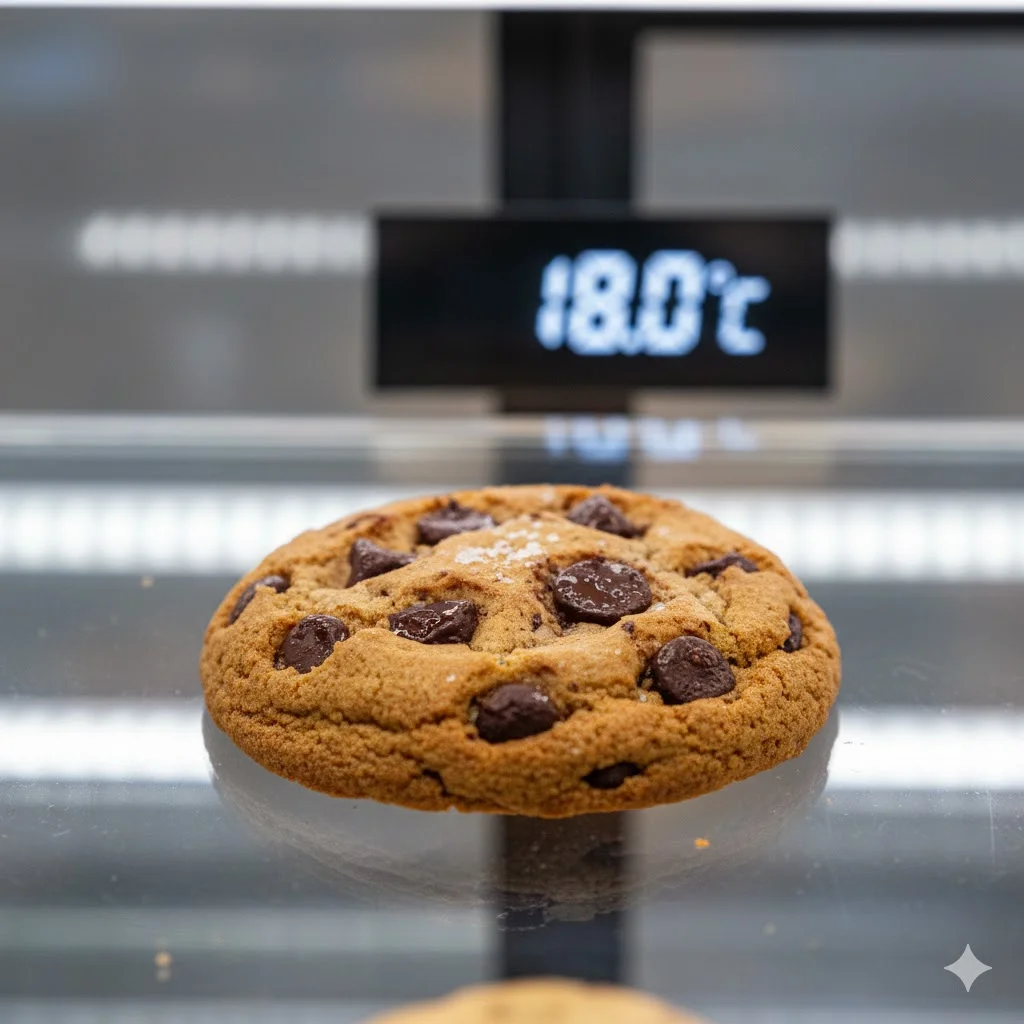 정밀한 온도가 표시된 쿠키쇼케이스 내부의 신선한 디저트 모습.