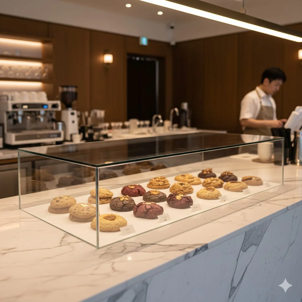 세련된 대리석 카운터와 조화를 이루는 프리미엄 쿠키쇼케이스