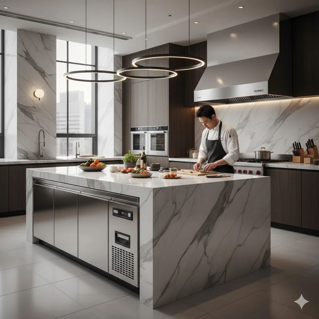 세련된 현대식 주방에 설치된 프리미엄 스테인리스 테이블냉동고 썸네일 이미지.