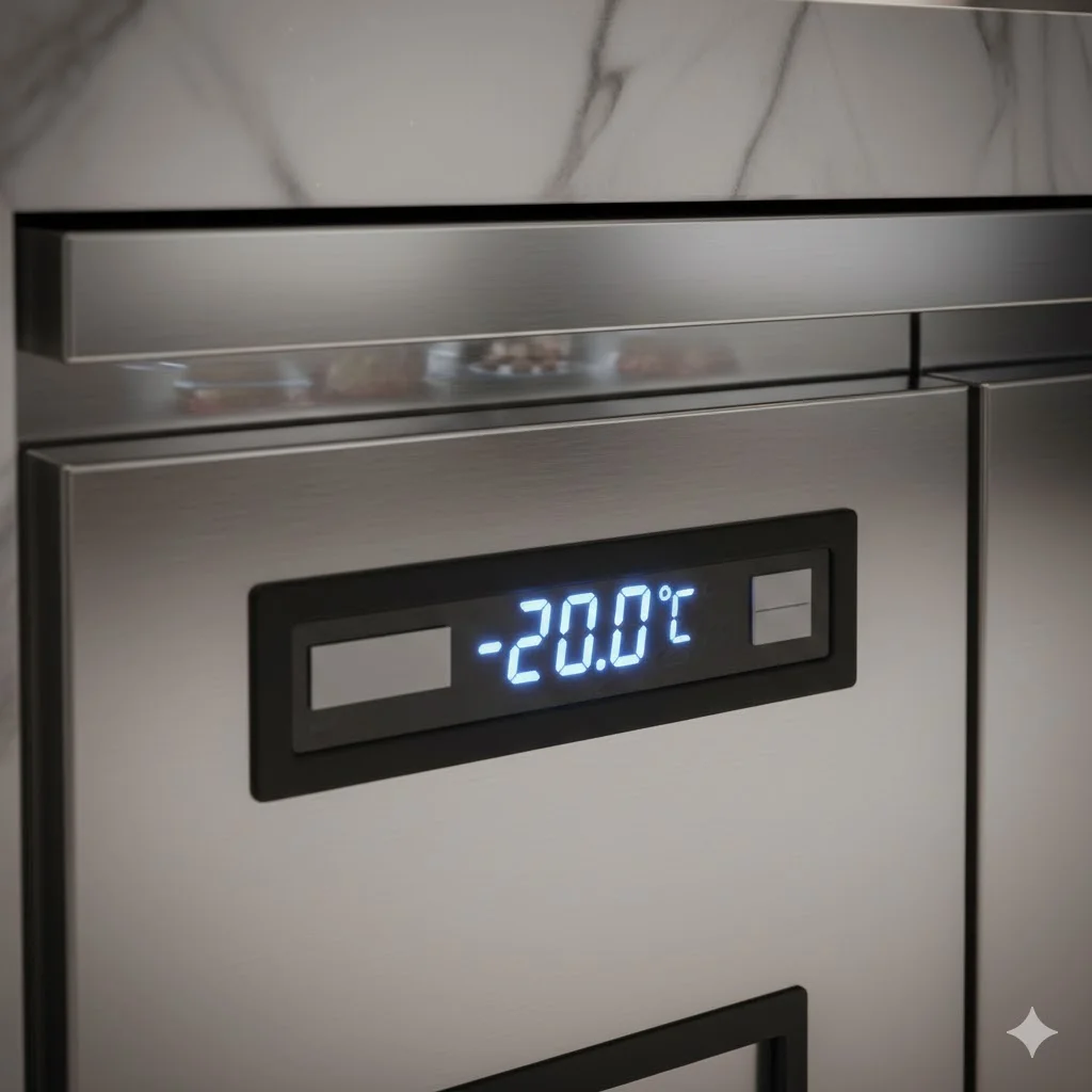 정밀한 온도가 표시된 테이블냉동고 디지털 컨트롤러 상세 컷.