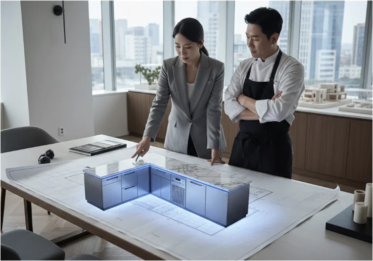 주방 도면과 함께 배치된 맞춤 제작 테이블냉동고 설치 콘셉트.