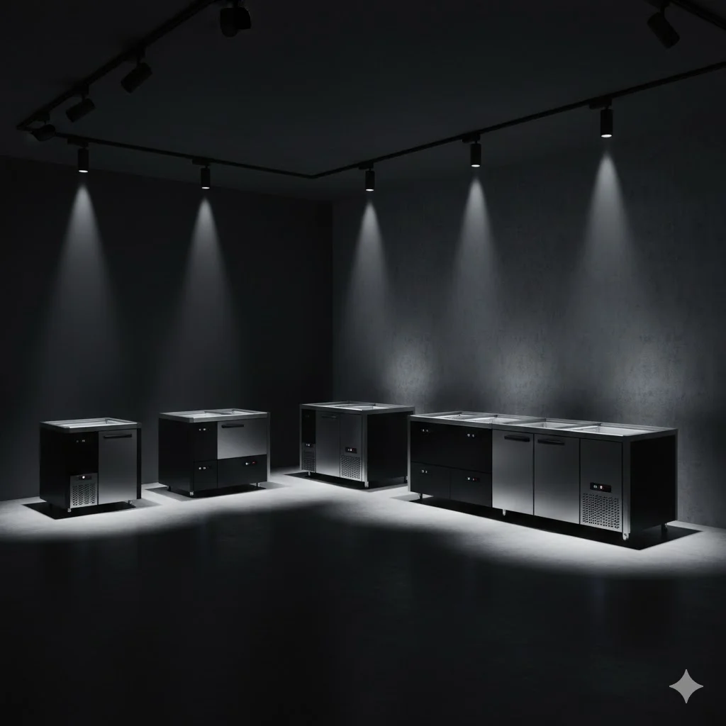 다양한 디자인의 프리미엄 테이블냉동고들이 전시된 세련된 쇼룸 전경.