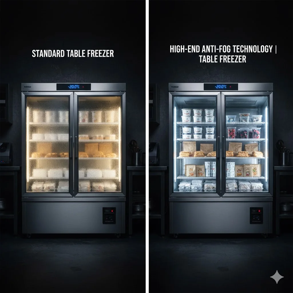 일반 냉동고와 결로 방지 기술이 적용된 하이엔드 냉동고의 투명도 비교.