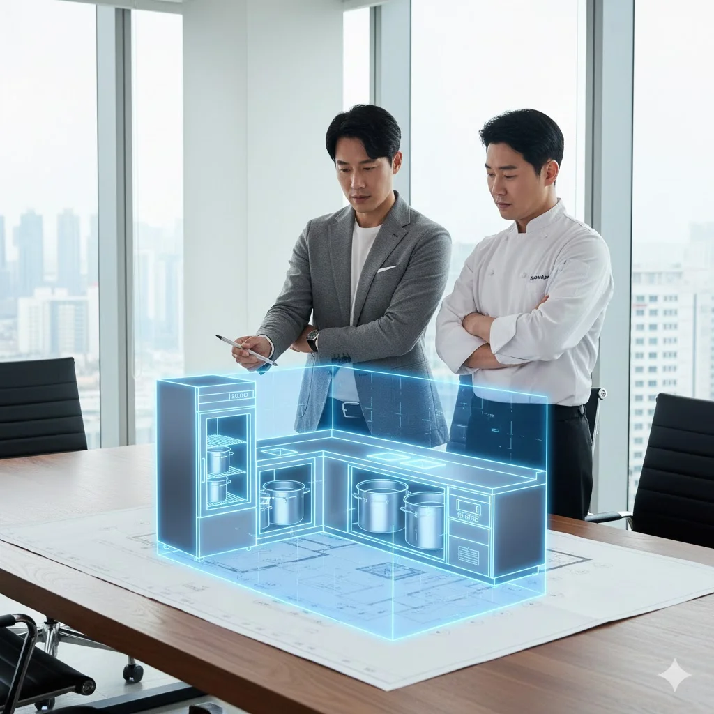 주방 도면과 함께 배치된 맞춤 제작 육수냉장고 설치 콘셉트.