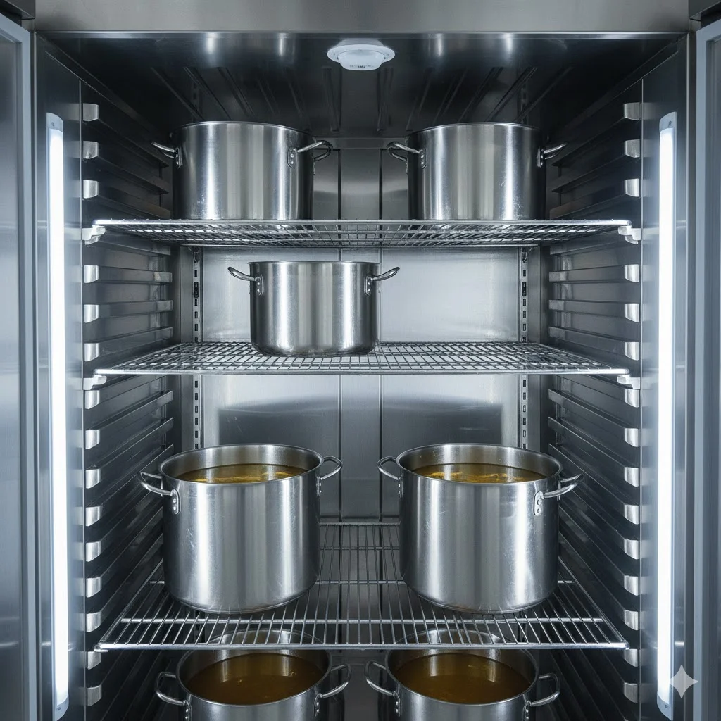 위생적으로 관리되는 육수냉장고 내부와 깔끔하게 정리된 육수통.