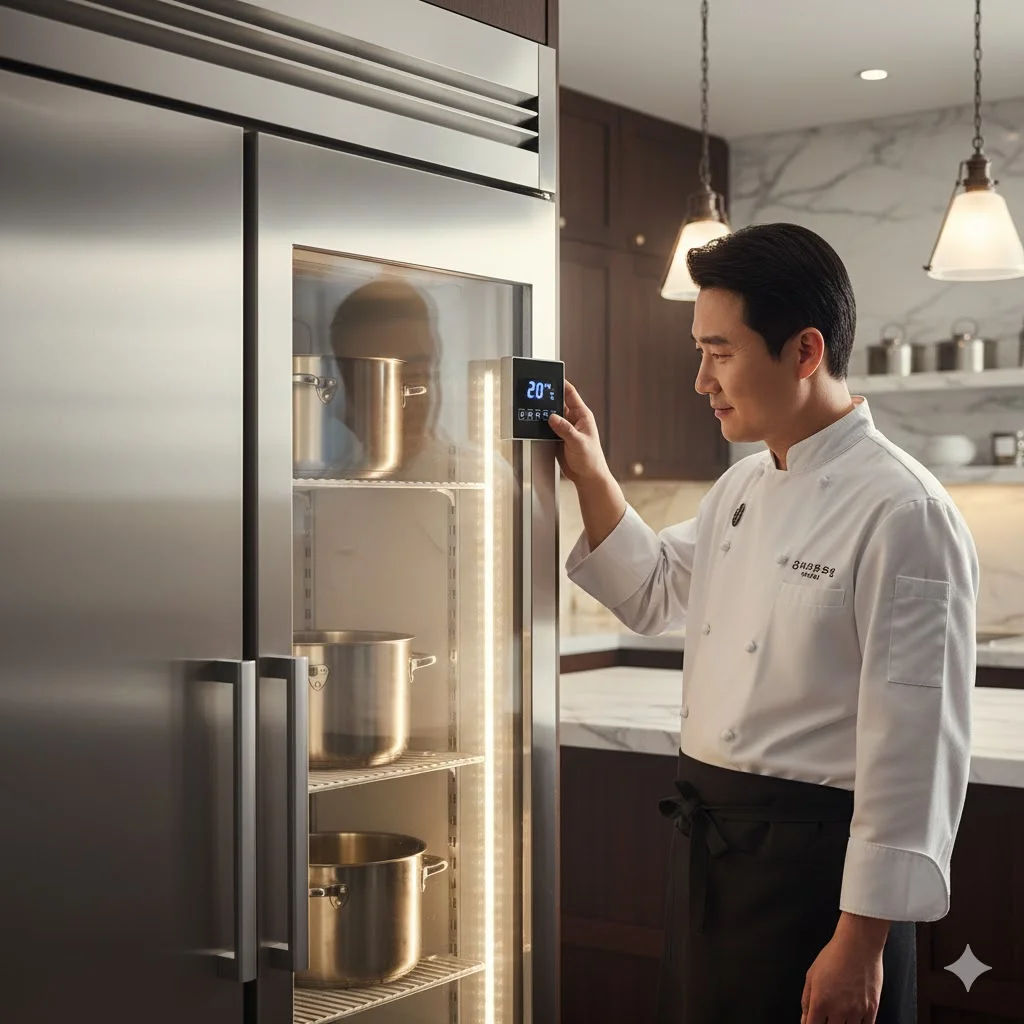 전문 셰프가 육수냉장고의 온도를 체크하며 품질을 관리하는 모습.