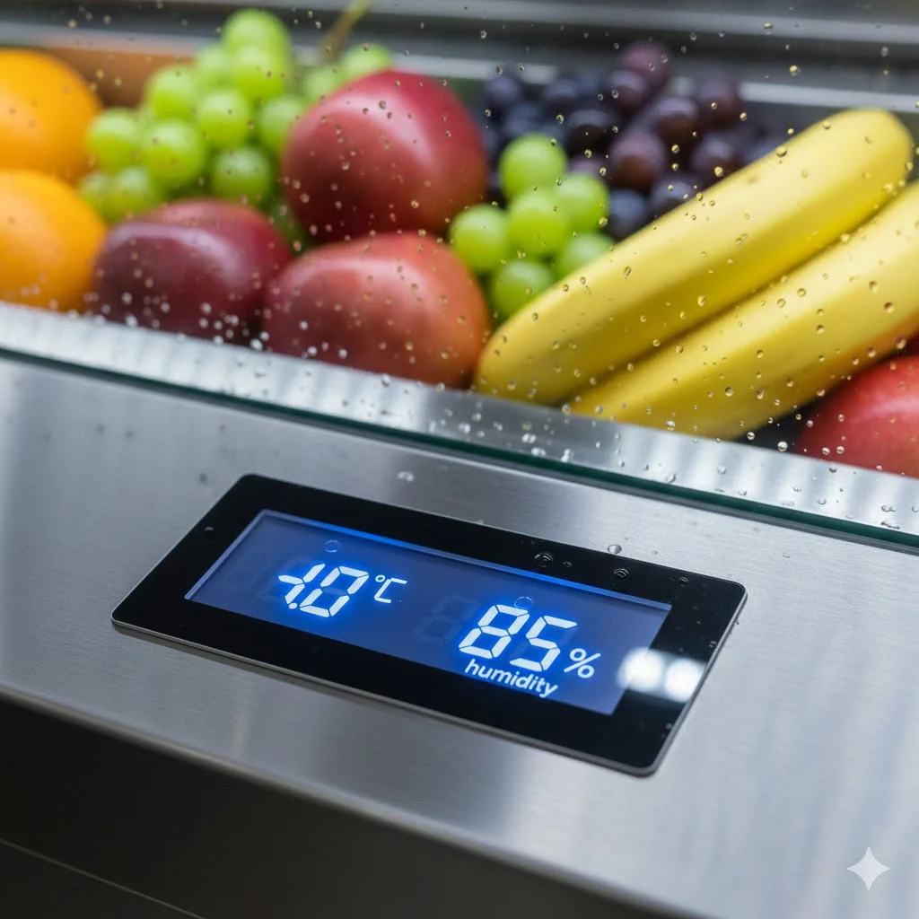 신선한 과일과 정밀 온도가 표시된 과일쇼케이스 내부.