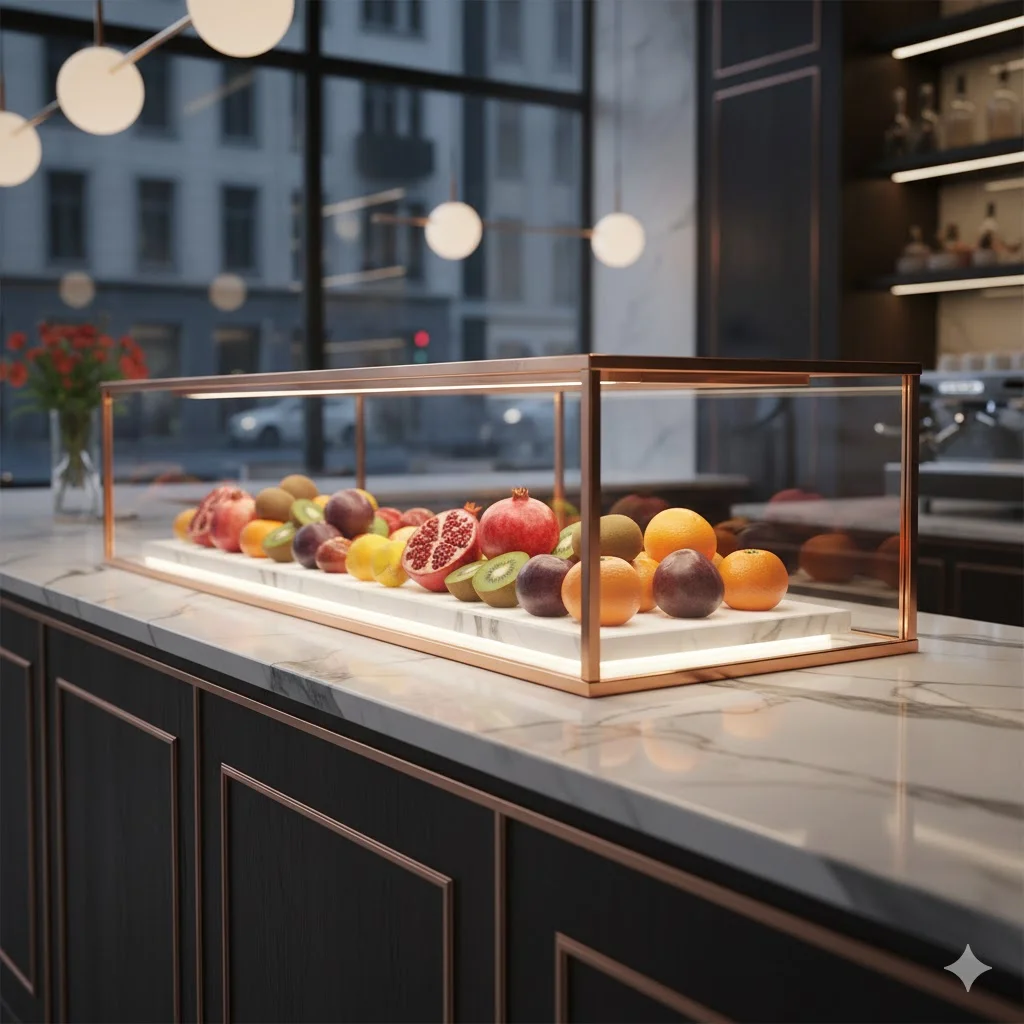 카페 인테리어와 조화를 이루는 로즈골드 커스텀 과일쇼케이스.