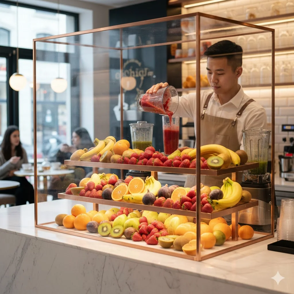 과일주스전문점에 설치되어 있는 과일쇼케이스와 점원이 과일을 믹서기에 갈고 있는 모습 