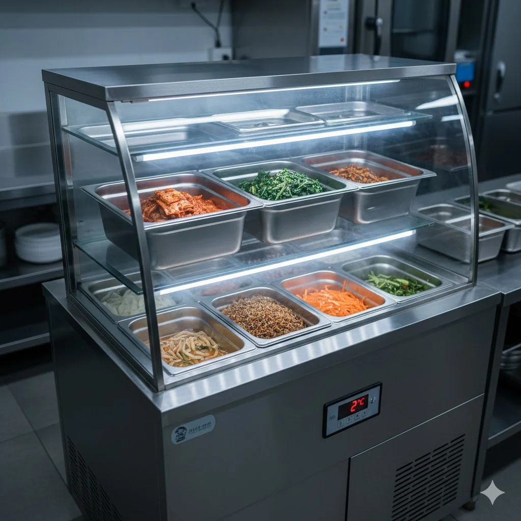 현대적인 전문 주방에 배치된 고급 업소용 반찬 냉장고. 세련된 스테인리스 보디, 밝은 LED 조명, 투명한 유리 덮개가 특징입니다. 내부에는 다채롭고 신선한 반찬들이 스테인리스 용기에 정갈하게 담겨 있습니다. 디지털 온도계가 2도를 가리키며, 위생적이고 신선한 분위기를 강조한 8K 초고화질 이미지.