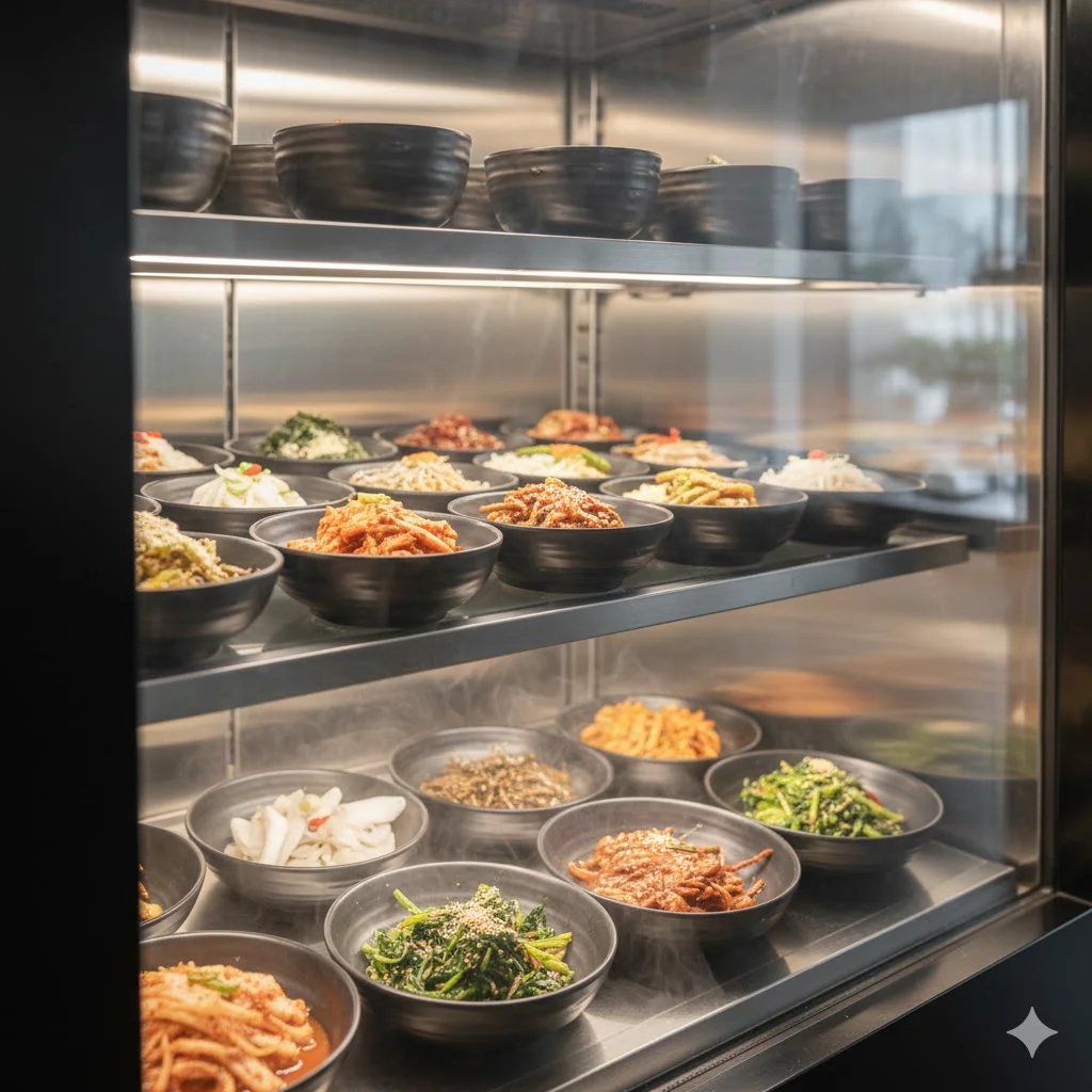 프리미엄 반찬 냉장고의 클로즈업 샷. 깨끗한 유리 덮개 너머로 보이는 신선한 김치와 나물에 초점을 맞춥니다. 냉장고에서 살짝 피어오르는 냉기와 연마된 스테인리스 표면에 반사되는 부드러운 LED 조명.