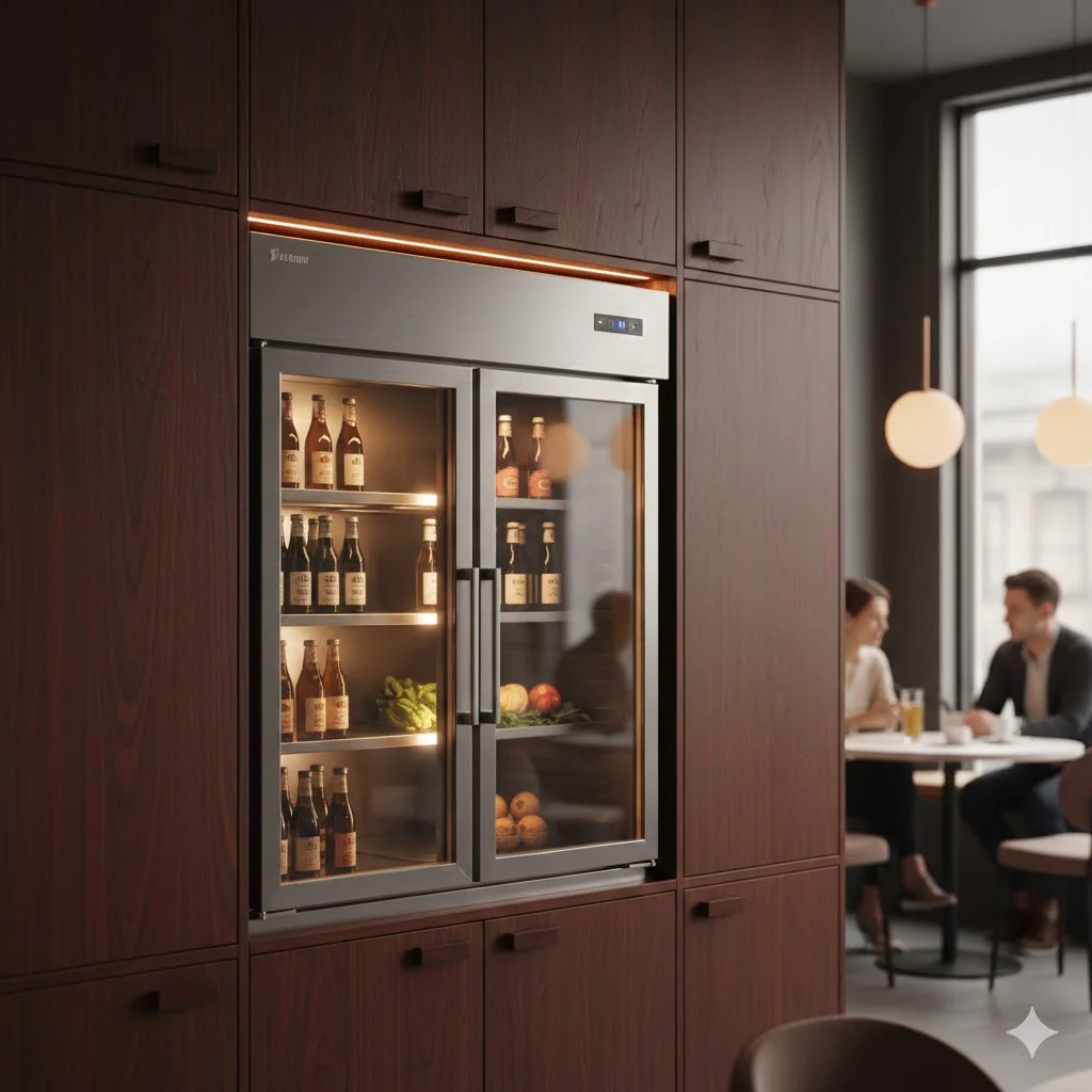 고급스러운 어두운 목재 가구에 매립된 세련된 디자인의 업소용 빌트인냉장고 전경