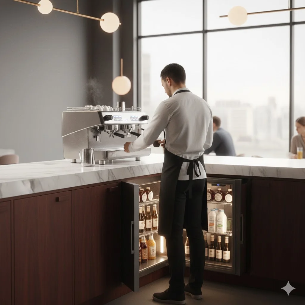 바리스타가 작업대 아래 설치된 빌트인 냉장고를 편리하게 사용하는 장면.