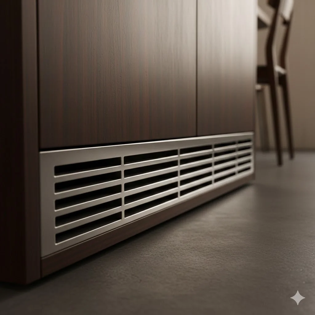 냉장고 하단에 위치한 세련된 격자 무늬의 전면 열 배출구 모습.