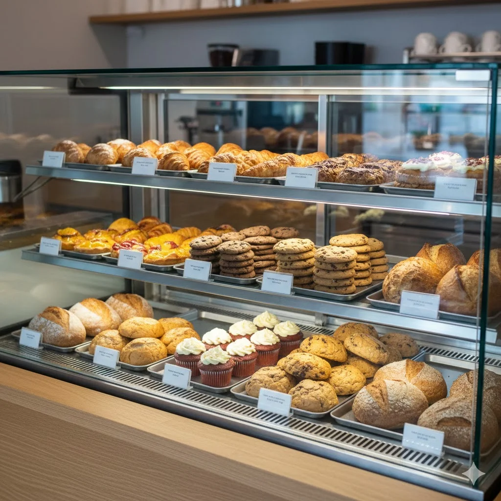 칠러 브랜드의 쇼케이스에 진열된 빵과 케이크.