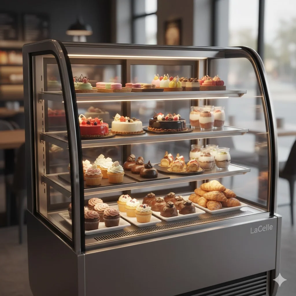 곡선형 디자인의 라셀르 쇼케이스에 진열된 디저트.