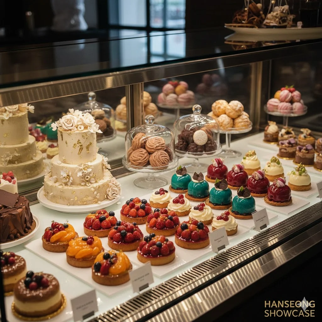 조명 아래 빛나는 한성쇼케이스 속 고품격 디저트