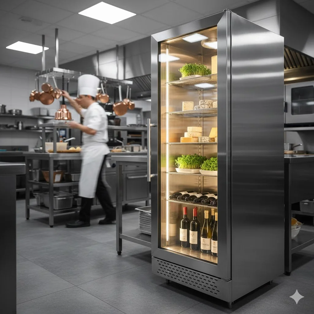 세련된 디자인의 프리미엄 업소용주방냉장고가 설치된 오픈 키친 전경