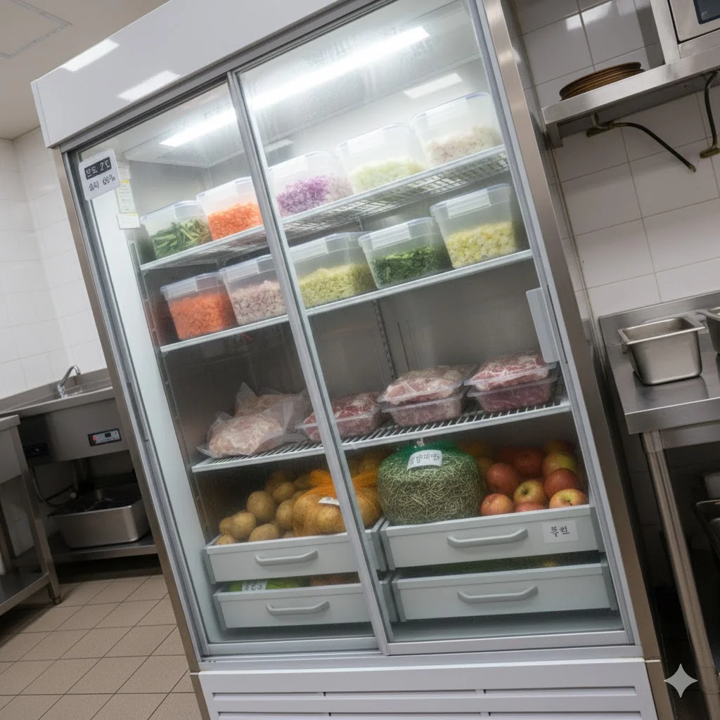 식재료의 신선도를 최상으로 유지하여 매출 상승을 돕는 하이엔드 급 저장냉장고 내부