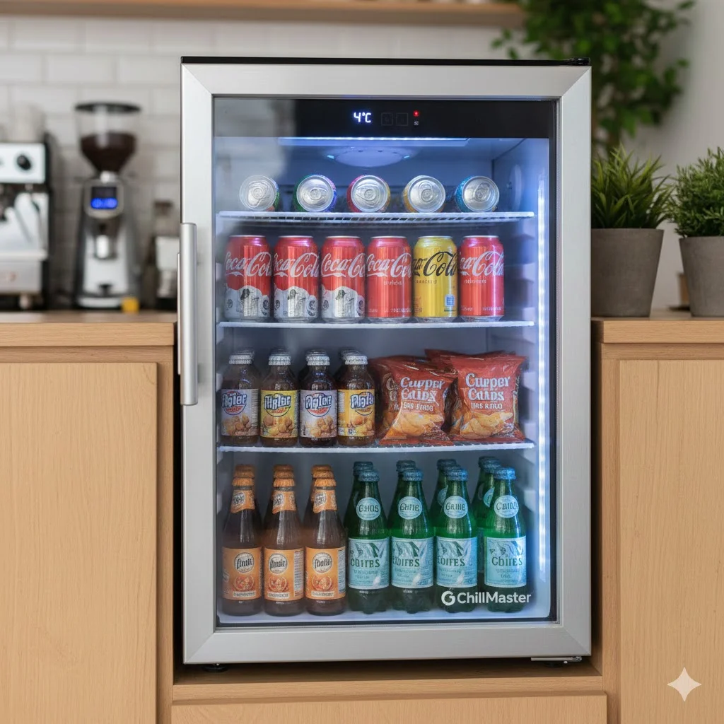 실시간 온도가 표시되는 디지털 디스플레이가 장착된 콤팩트한 소형 쇼케이스 냉장고