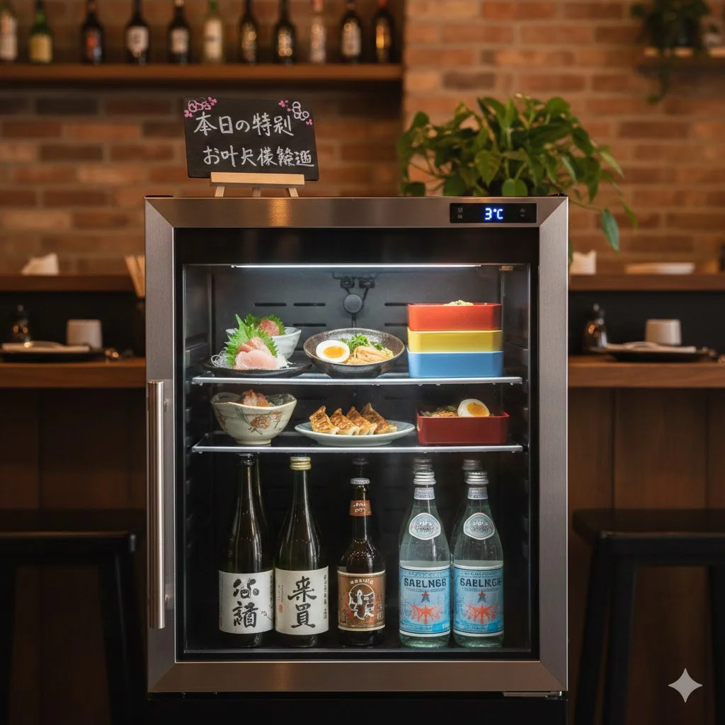 전문적인 매장 분위기를 연출하는 조명 내장형 프리미엄 소형 쇼케이스 냉장고 내부 전경