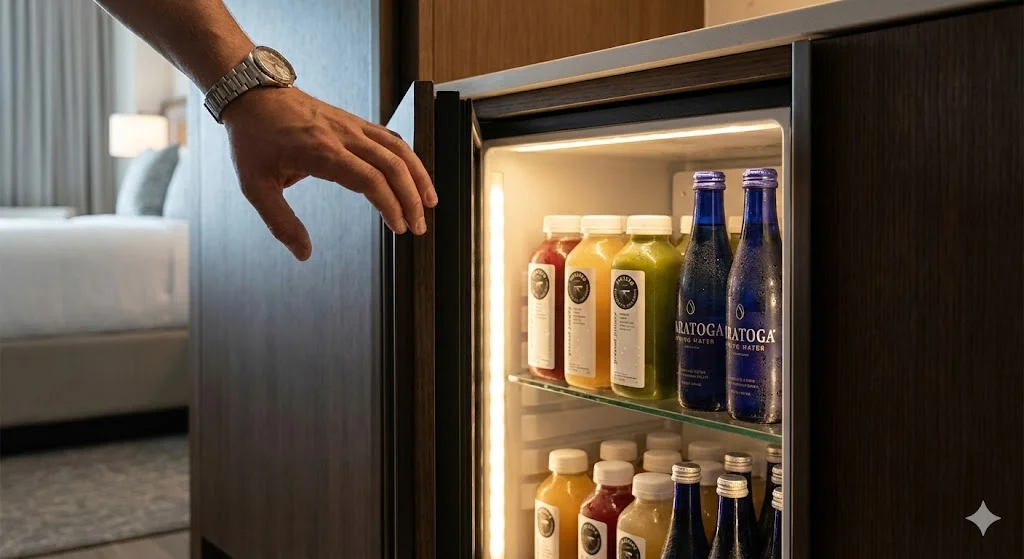 세련된 내부 조명이 켜진 호텔냉장고 안의 시원한 음료들
