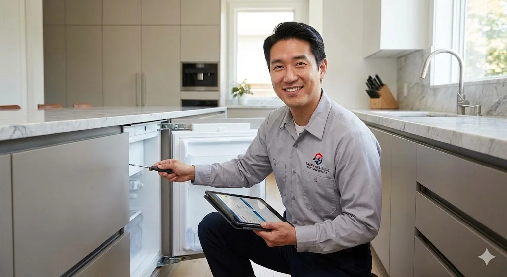 전문 장비로 커피냉장고를 꼼꼼하게 점검하는 한국인 기술 전문가