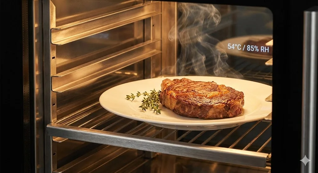 정밀하게 온도와 습도가 제어되는 업소용보온고 내부의 스테이크 요리