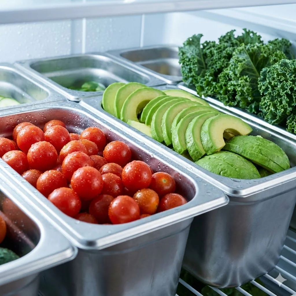 토핑테이블냉장고 안의 신선한 채소와 과일 식재료 디테일