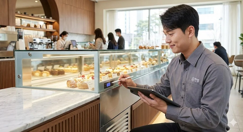 제과쇼케이스냉장고를 꼼꼼하게 점검하는 한국인 기술 전문가