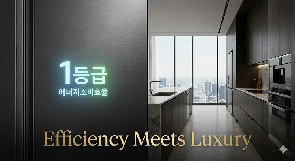 럭셔리 주방에 설치된 1등급 에너지 효율 업소용 냉장고