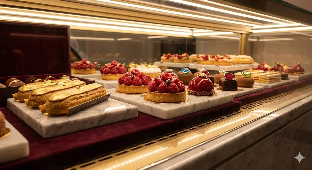 쇼케이스 내부의 화려한 조명 효과와 진열된 제품들