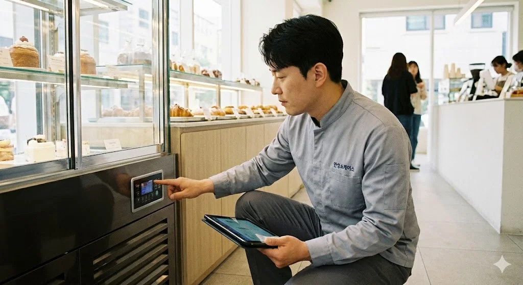 쇼케이스진열장을 점검 중인 한국인 기술 전문가