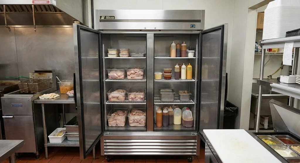 일반적인 주방용 냉장고의 모습. 기능에 충실하지만 온도 정밀도나 디자인 면에서 아쉬움이 있을 수 있습니다.