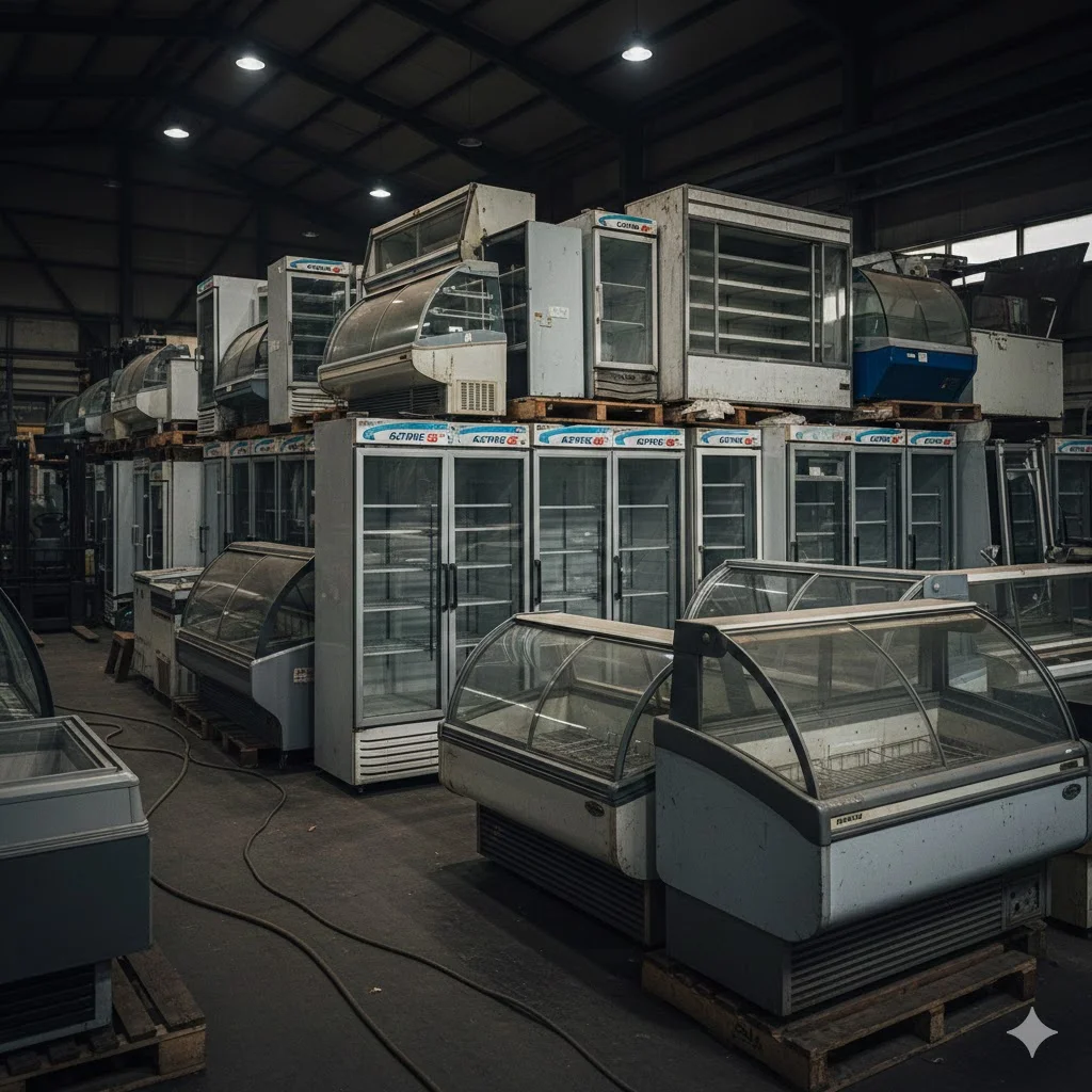 창고에 쌓여 있는 세창, 아르네 등 다양한 브랜드의 중고 주방 기기들.