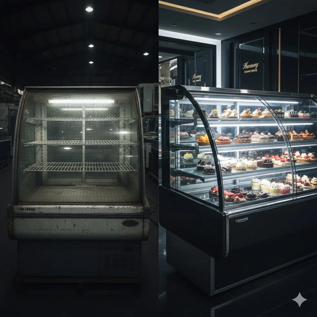 낡은 중고 쇼케이스와 세련된 한성 쇼케이스의 성능 및 디자인 비교 이미지.