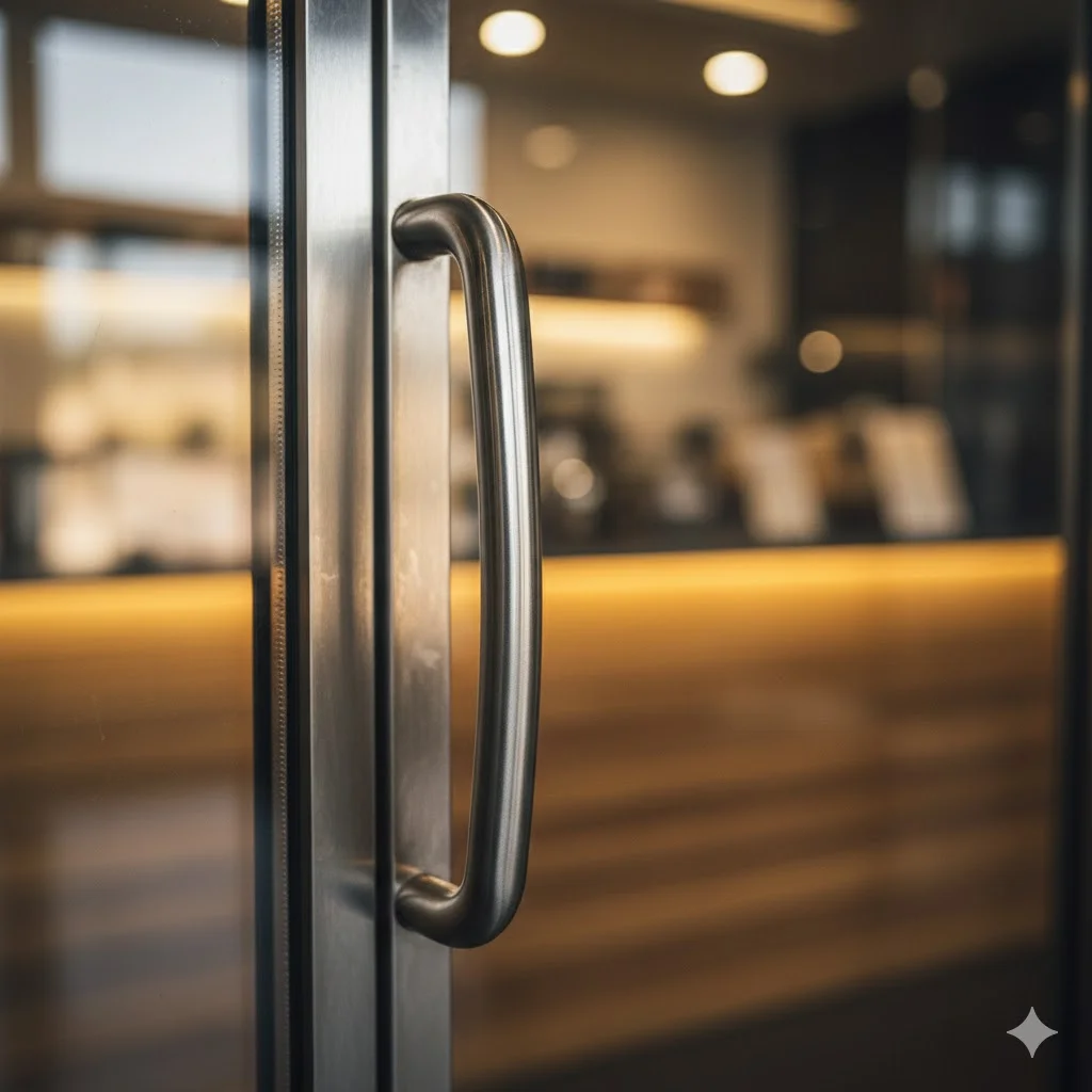 한성쇼케이스의 정교한 스테인리스 마감과 매끄러운 유리 접합부 근접 촬영.