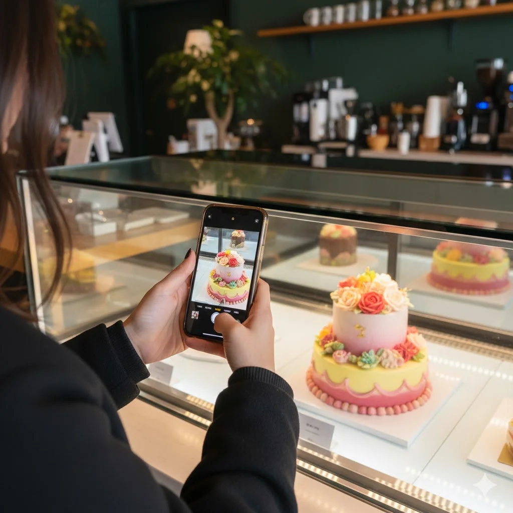 깨끗한 쇼케이스 안의 디저트를 촬영하는 고객의 모습, 쇼케이스가 매장의 포토존이 된 풍경.