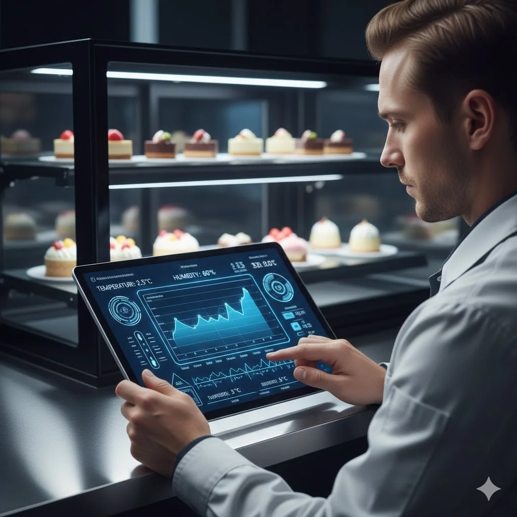 태블릿을 통해 쇼케이스의 온도와 습도를 실시간으로 모니터링하는 스마트 제어 시스템.