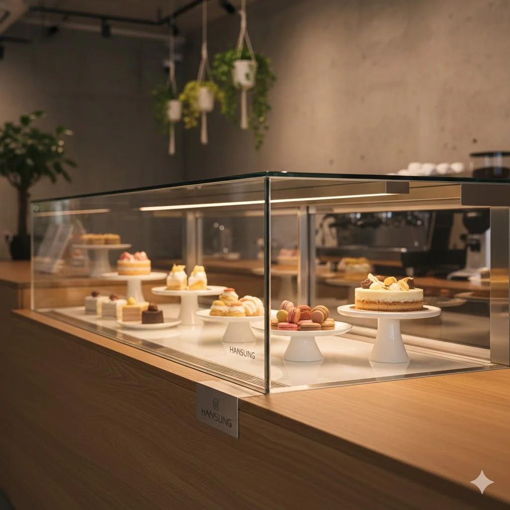 원목 카운터와 일체감 있게 설치된 한성쇼케이스가 돋보이는 카페 내부 전경.